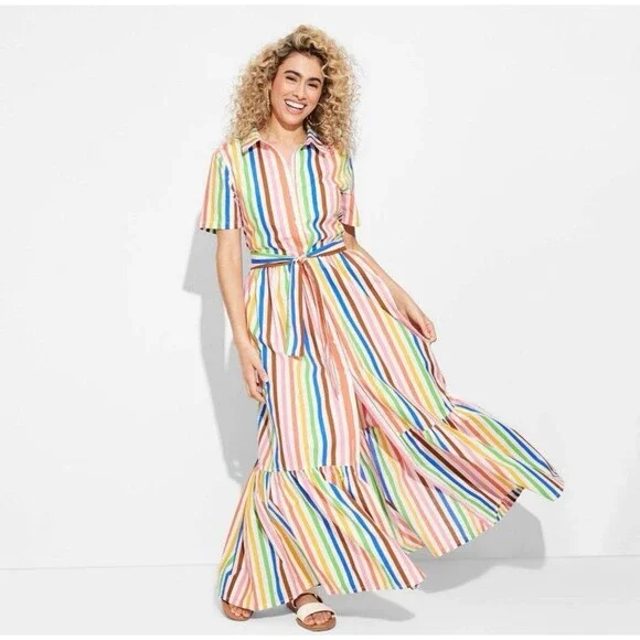 Target Pride Adult Striped Rainbow Short Sleeve Maxi Shirtdress - Picture 1 of 5